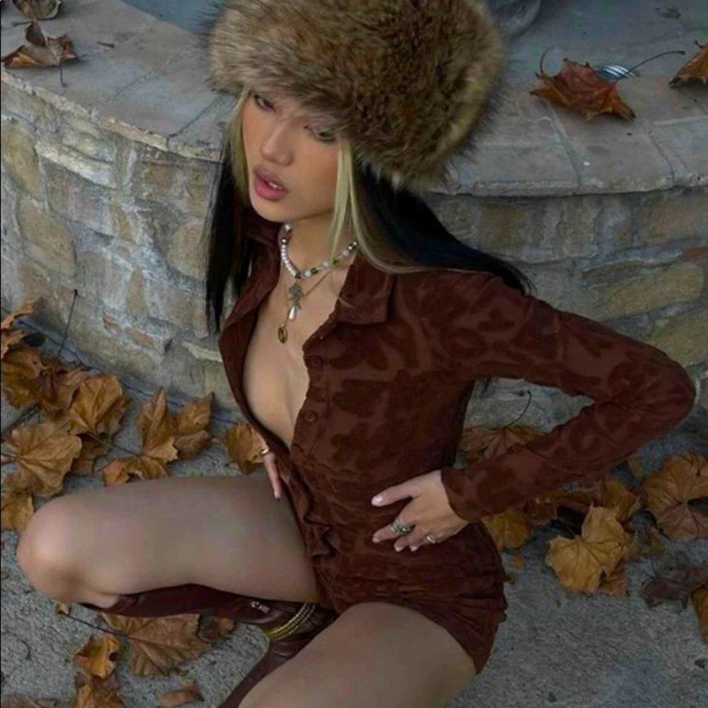 BROWN LONG SLEEVE TOWELLING PLAYSUIT